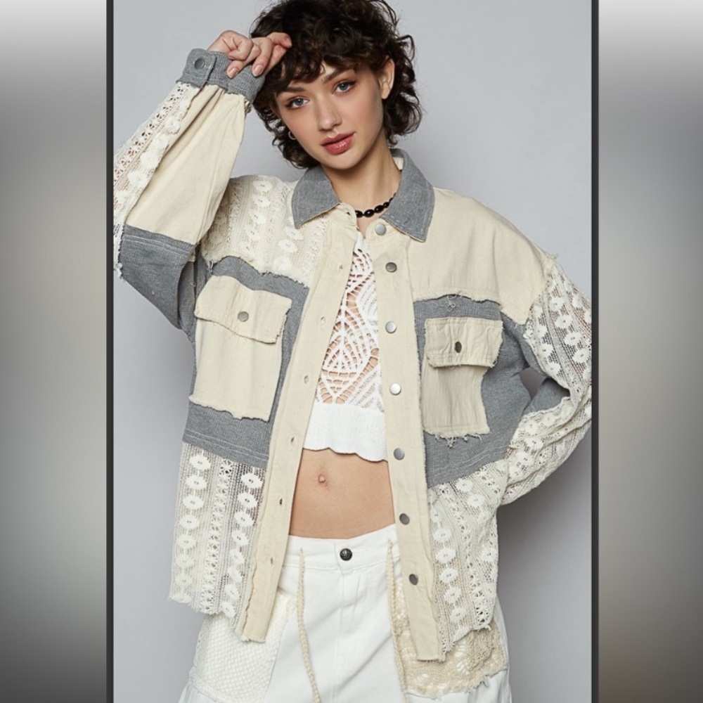 POL Cream and Gray Lace Jacket